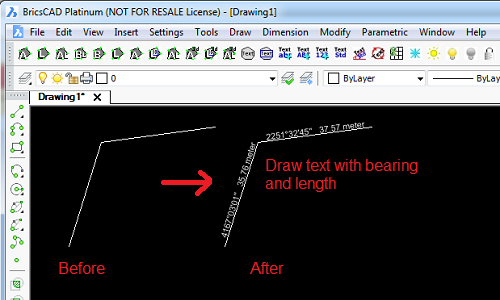 "Draw bearing and length text utility"